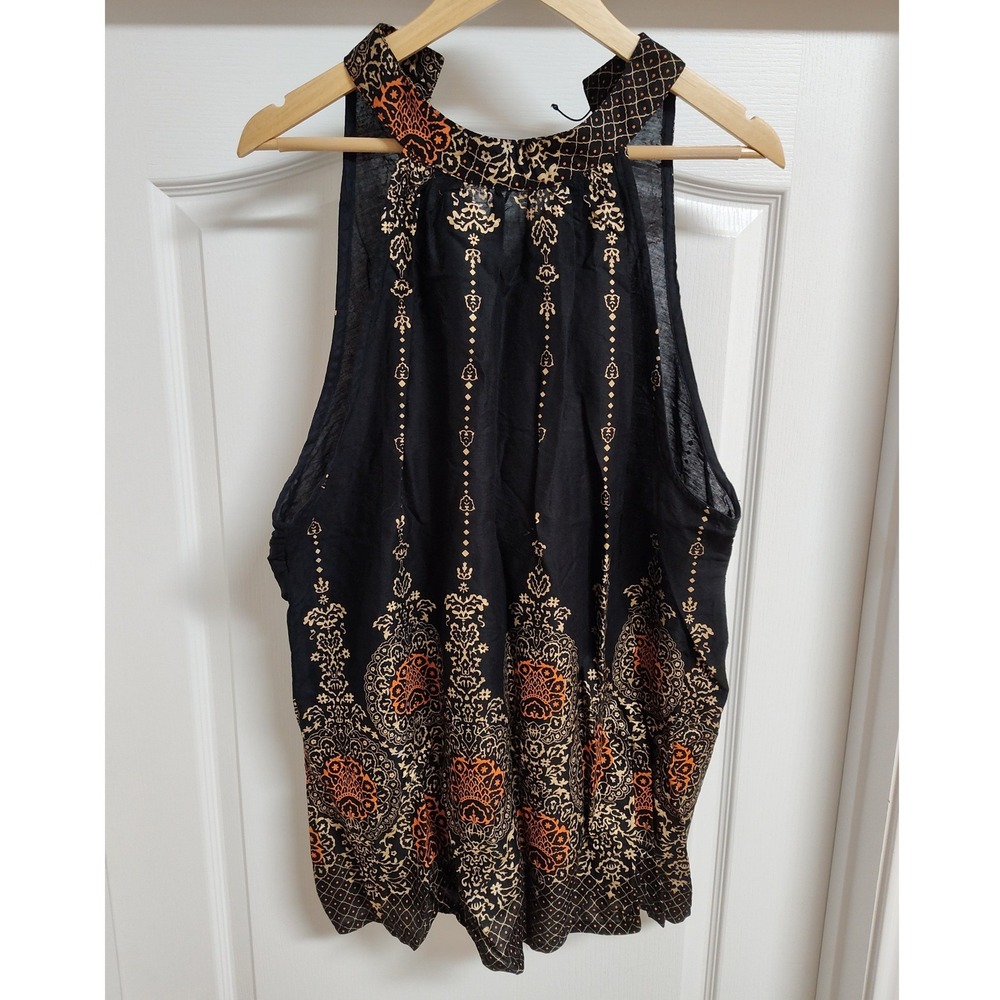 Lapogee Womens Black Gold Medallion Halter Mini Dress Tunic Top Boho Rayon Large